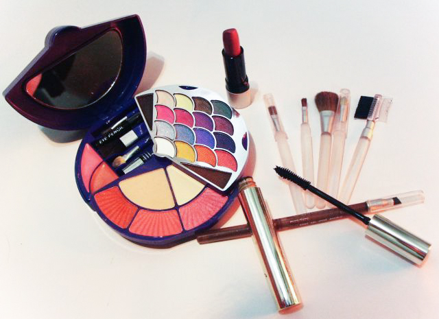 Cosmetic products arranged on a counter